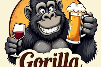 design gorilla wine with beer hand drawing logo with unlimited revision