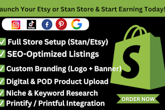 setup stan store, etsy shop for etsy digital product etsy print on demand