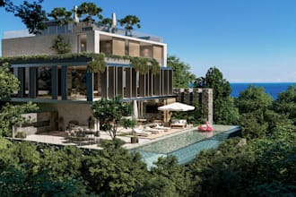 renovate real estate building, forest villa resort design, exterior, pool render