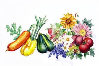 paint vegetables, fruits, flowers and plants illustrations