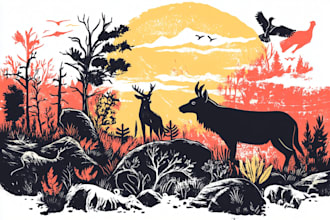 illustrate botanical and animal linocut vector illustration