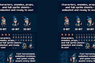 do 2d pixel art, spritesheet design, 8 bit, 16 bit, 32 bits spite sheet