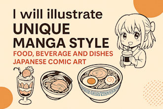 illustrate unique manga style food, beverage and dishes japanese comic art chibi