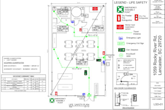 do a  fire safety plan, evacuation route, fire hydrant, alarm and sprinkler