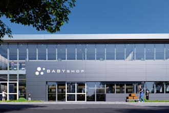 model 3d commercial building,exterior facade,shopping mall exterior, restaurant