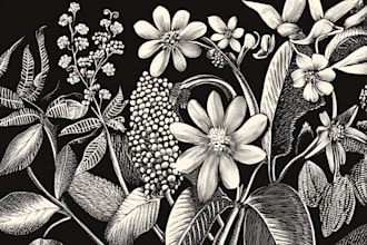 illustrate botanical and linocut vector art in unique style