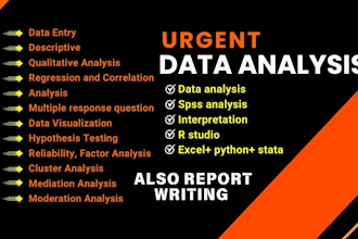 do data analysis, interpretation of research in spss analysis,r , python, excel