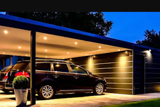 render 3d front yard, backyard, outdoor deck, pizza oven, pavilion, garage porch