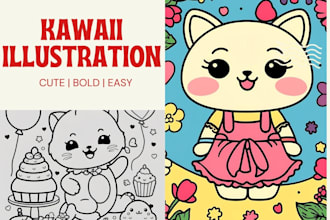 draw cute kawaii line art illustration for bold easy coloring page