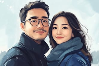 draw wedding, family portrait in digital oil painting style