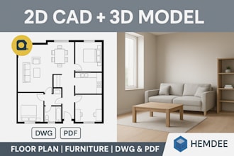 create professional 2d cad drawing 3d model for architecture or furniture design