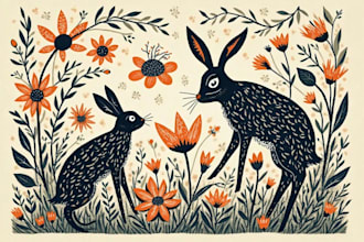 draw animal and botanical linocut doodle