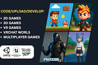 develop 2d game 3d game vr game or vrchat world in unity, unreal engine, phaser3