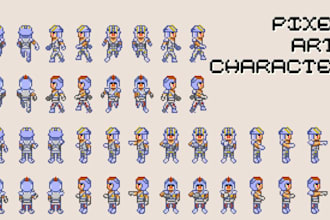 create pixel art character design sprite sheet, pixel game art pixel portrait