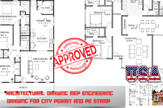 architectural floor plan, site plan, elevation, code compliance for city permit