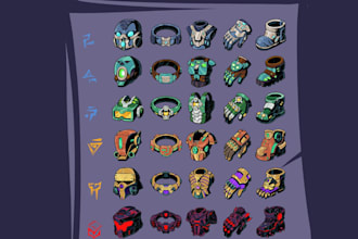 create 2d game asset, game art, with props 2d game character, 2d weapons