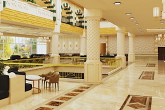 create a 3d hotel design, hotel lobby suite, hotel exterior and interior design