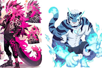 draw furry art character fursona, cartoon character  furry reference sheet
