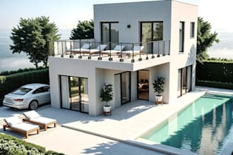 design villa outdoor loggia, modern facade structure, balcony, build 3d sketchup