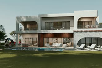 redesign 3d realistic modern villa, facade,  patios, garden, BBQ exterior design