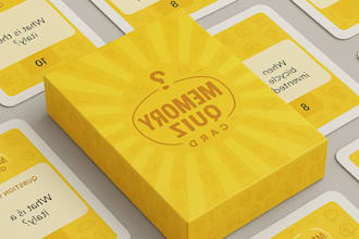design card game, board game, tarot cards, box mockup, and rulebook