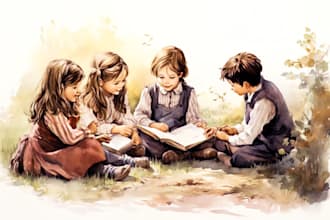 watercolor children and kids story book illustrations with cover