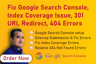 fix google search console, index coverage issue, url redirect, 404 errors