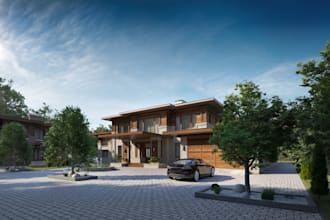 model 3d farmhouse loggia,landcape render,cgi lawn,backyard patio,villa,3ds max
