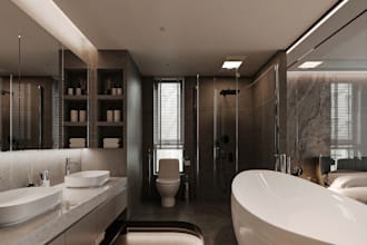 create a 3d bathroom and toilet interior design with interior decorator