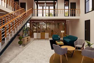 remodel 3d interior office, guest room,indoor staircase, 8k render,realistic cgi