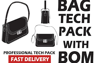 design a tech pack for handbag, wallet, backpack with bom