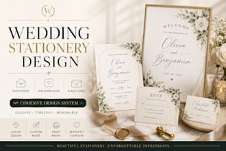 design elegant wedding welcome signs, invitations and matching stationery sets