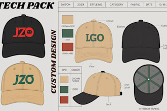design custom cap and hat with tech pack, flat sketch and 3d mockup