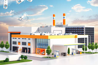 render warehouse, factory, gas station and data center
