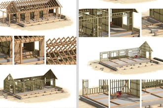 design timber or wood structure, framing and trusses plan with blueprint