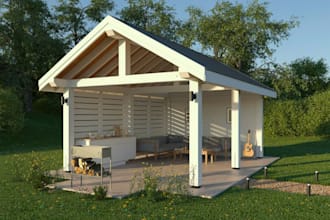 design tiny house,white pergola,exterior outdoor render,space walkthough,blender