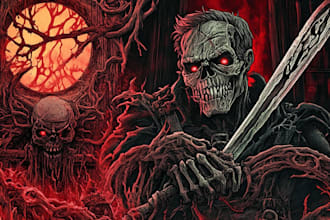 draw a detailed dark, brutal, horror, and heavy metal art illustration