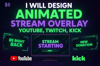 design animated stream overlay, youtube, twitch overlay, kick banner