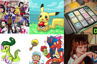 draw custom pokemon card, fakemon, trainer character, chibi logo or sprite art