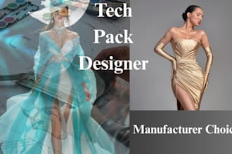 do technical flat sketch, tech pack design, and fashion tech pack