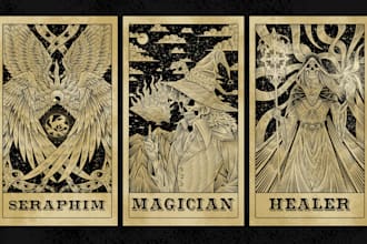 draw custom tarot, illustration, merchandise in dark art style