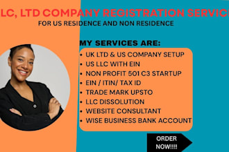 do US llc, amend llc, apply for ein, non profit registration, UK ltd