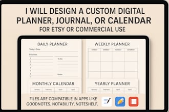 design custom digital planner, journal, calendar for etsy or commercial use