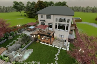 remodel old property lawn, landscape street, seating area,virtual staging render