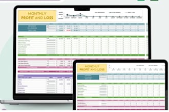design custom excel spreadsheet template, profit and loss, finance and budget