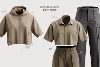 do clothing tech pack or mockup, flats apparel sketches, fashion bag or garments