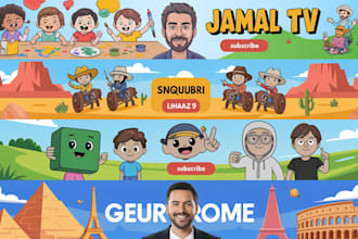 design youtube banner logo and draw cartoon, kids, vtuber, anime, twitch, anime