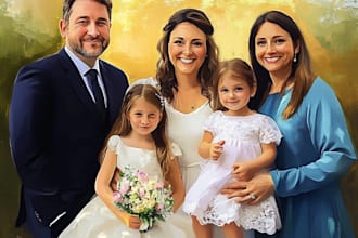 draw wedding, family portrait in digital oil painting style