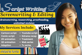 do script writing for 2d animation, cartoon video, anime, 3d animation