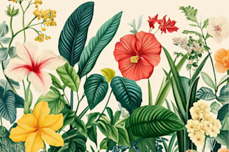 do beautiful digital botanical illustrations of flowers, fruits, and plants